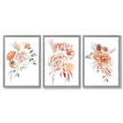 Set of 3 Caramel Roses Floral Framed Art Prints with Light Grey Wooden Frames