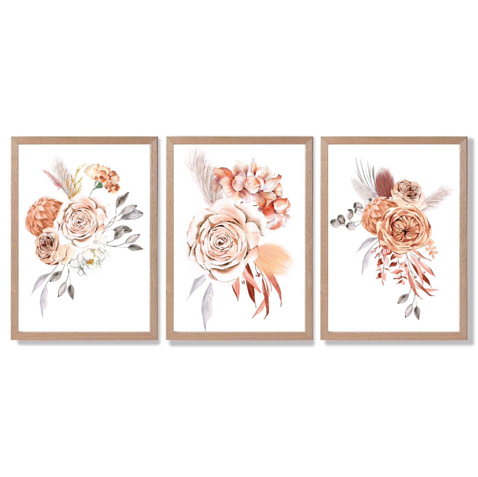 Set of 3 Caramel Roses Floral Framed Art Prints with Light Oak Frames