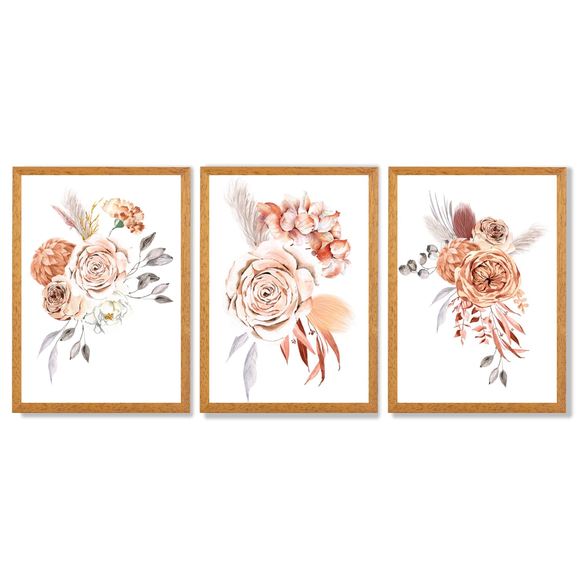Set of 3 Caramel Roses Floral Framed Art Prints with Oak Wooden Frames