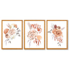 Set of 3 Caramel Roses Floral Framed Art Prints with Oak Wooden Frames