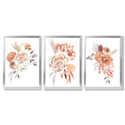 Set of 3 Caramel Roses Floral Framed Art Prints with Silver Wood Frames
