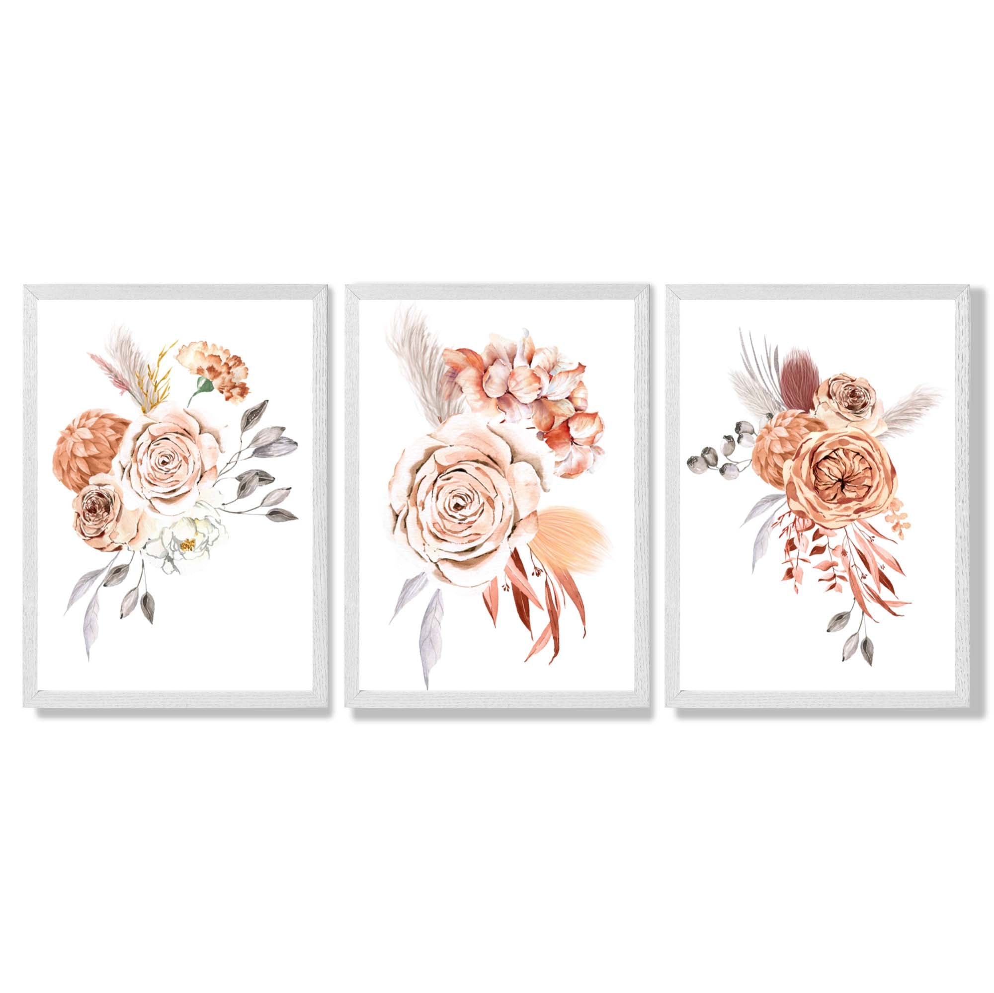 Set of 3 Caramel Roses Floral Framed Art Prints with White Wooden Frames