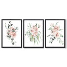 Set of 3 Dusty Pink Roses Floral Framed Art Prints with Black Wooden Frames