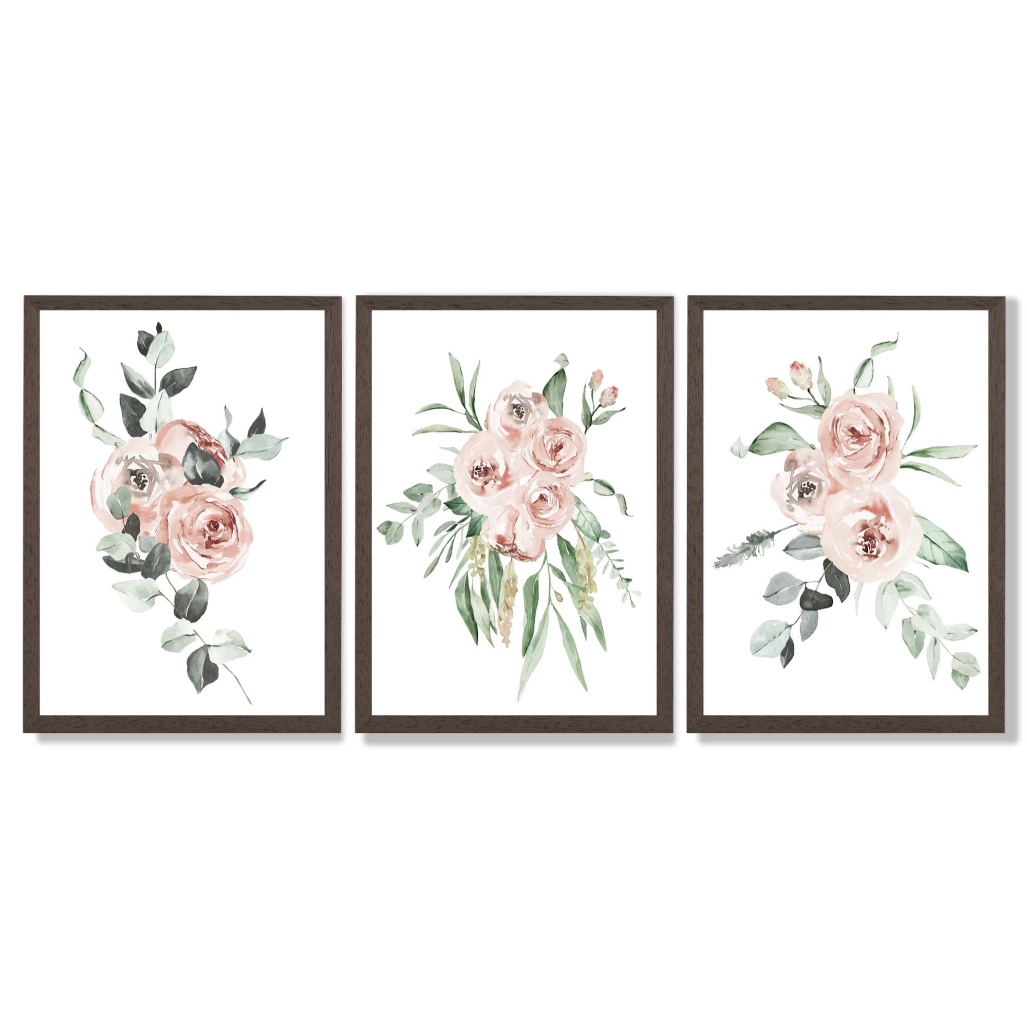 Set of 3 Dusty Pink Roses Floral Framed Art Prints with Dark Wood Frames