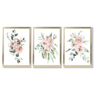 Set of 3 Dusty Pink Roses Floral Framed Art Prints with Gold Wood Frames