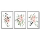 Set of 3 Dusty Pink Roses Floral Framed Art Prints with Light Grey Wooden Frames