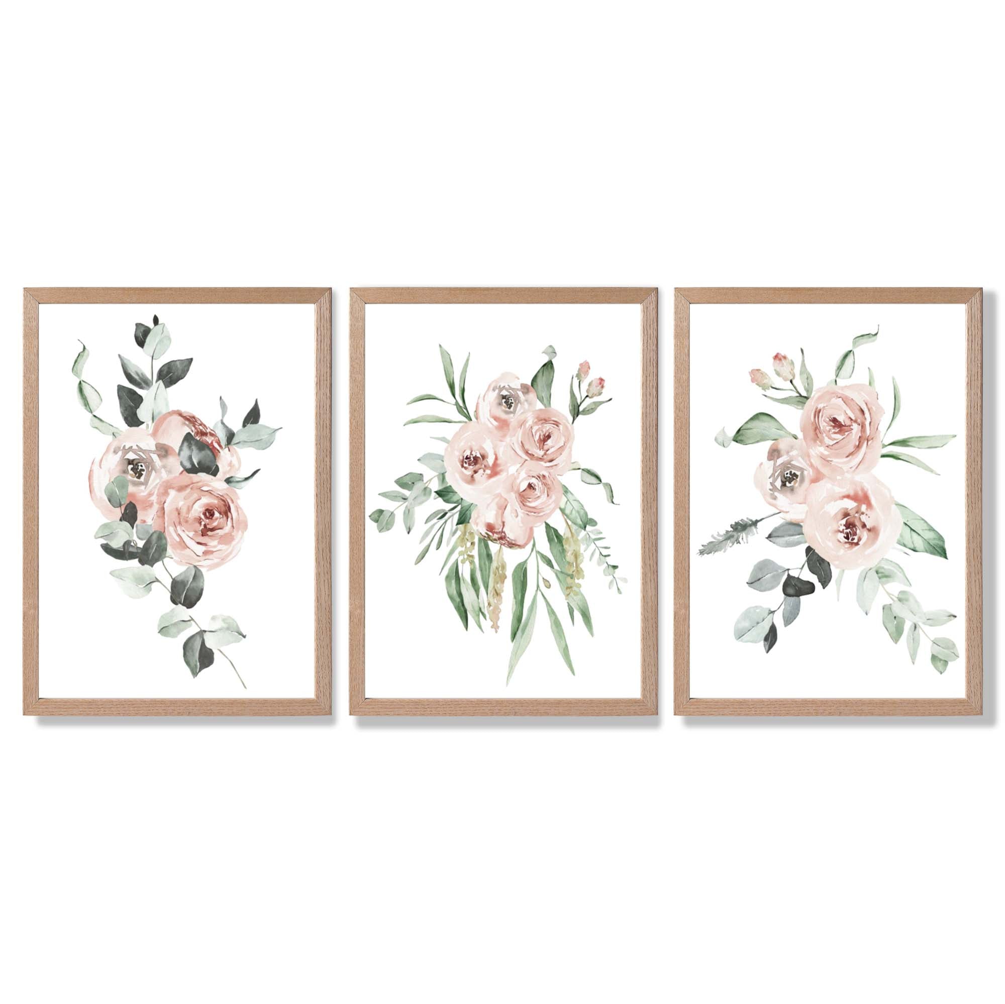 Set of 3 Dusty Pink Roses Floral Framed Art Prints with Light Oak Frames