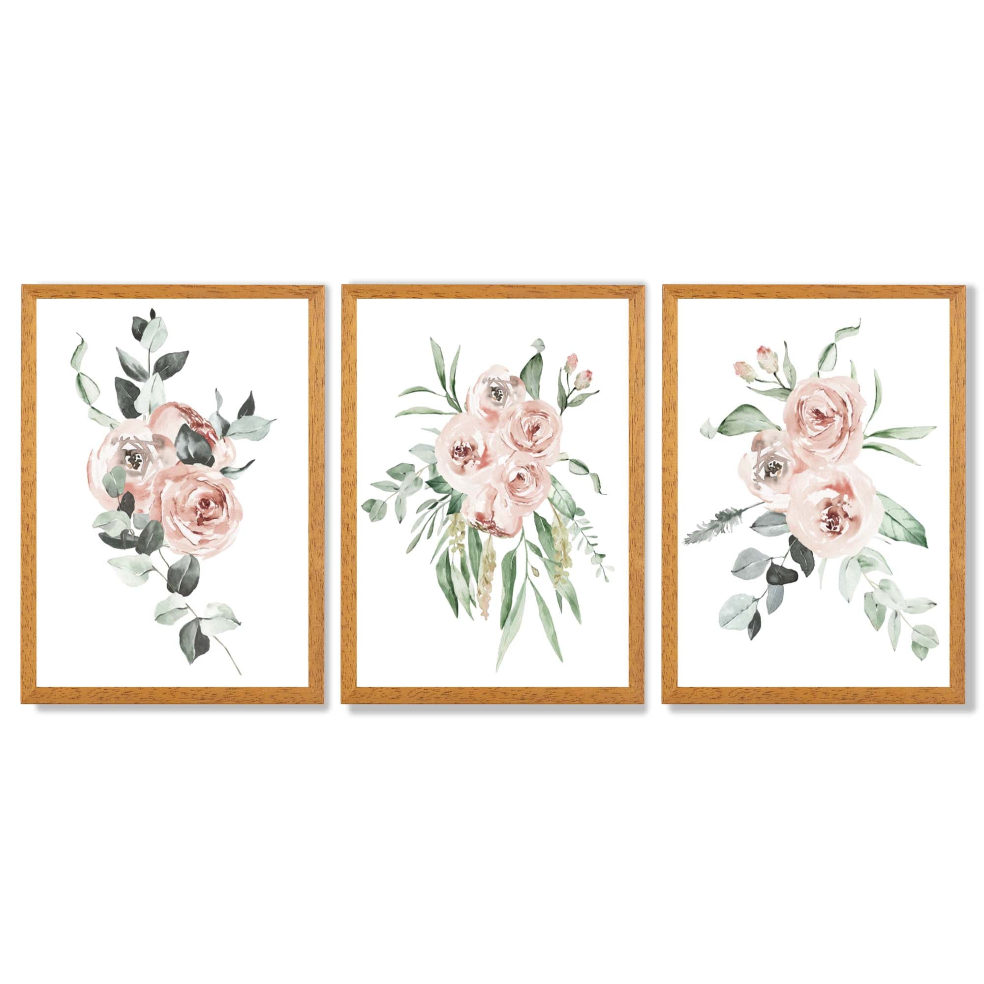 Set of 3 Dusty Pink Roses Floral Framed Art Prints with Oak Wooden Frames