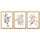Set of 3 Dusty Pink Roses Floral Framed Art Prints with Oak Wooden Frames