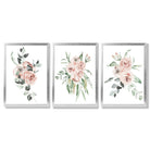 Set of 3 Dusty Pink Roses Floral Framed Art Prints with Silver Wood Frames