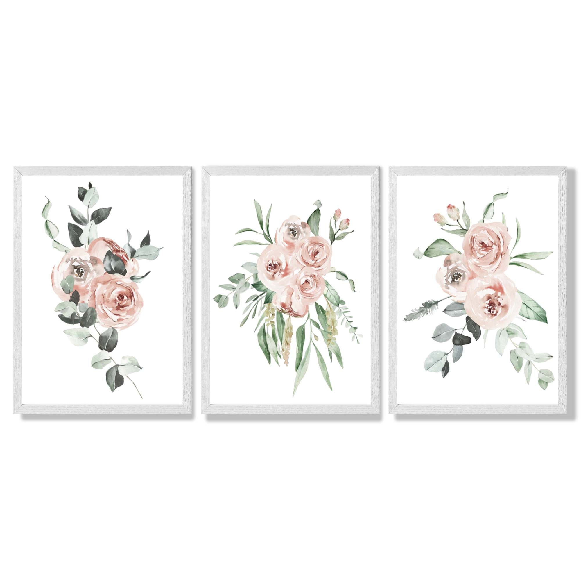 Set of 3 Dusty Pink Roses Floral Framed Art Prints with White Wooden Frames
