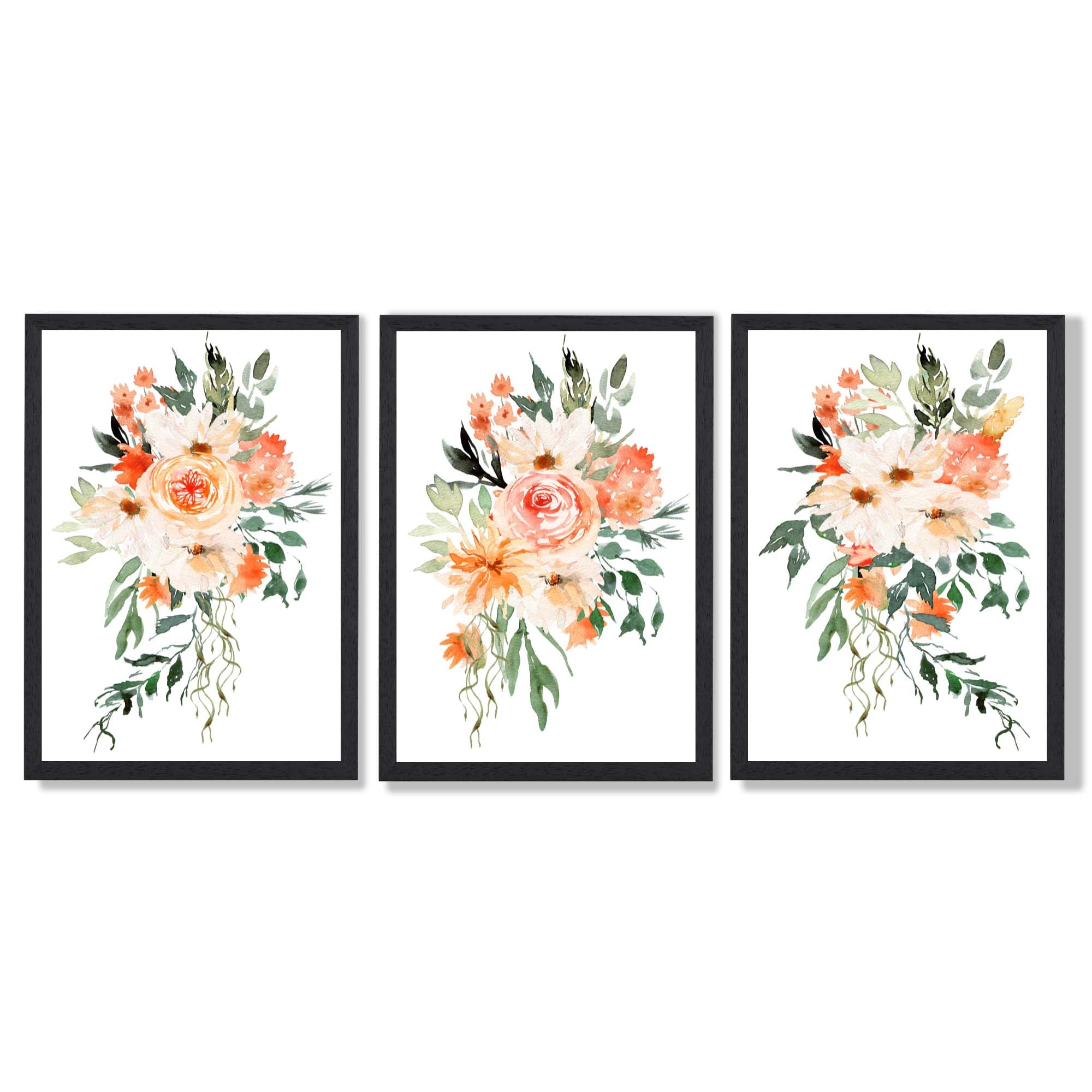 Set of 3 Orange Roses and Flowers Framed Art Prints with Black Wooden Frames