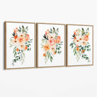 Set of 3 Orange Roses and Flowers Canvas Art Prints with Oak Float Frame