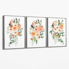 Set of 3 Orange Roses and Flowers Canvas Art Prints with Silver Float Frame