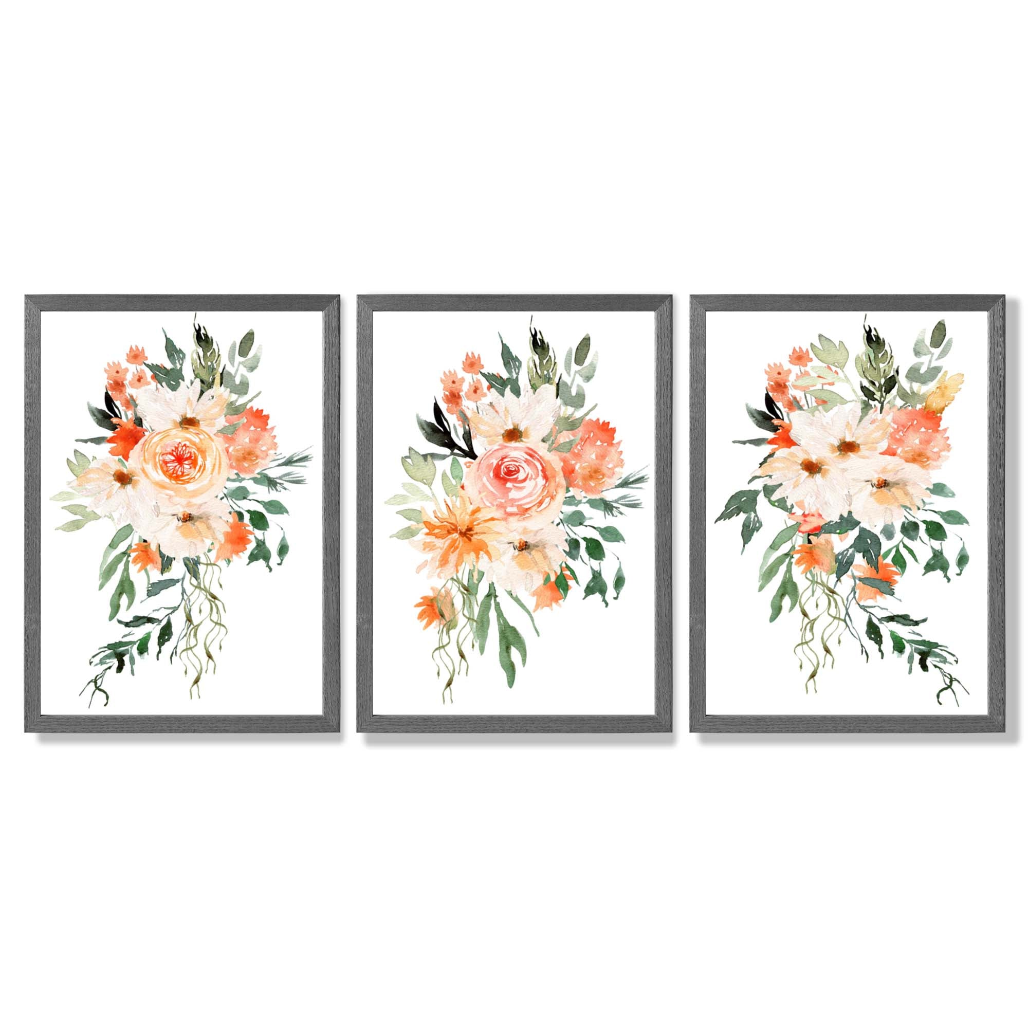 Set of 3 Orange Roses and Flowers Framed Art Prints with Dark Grey Wooden Frames