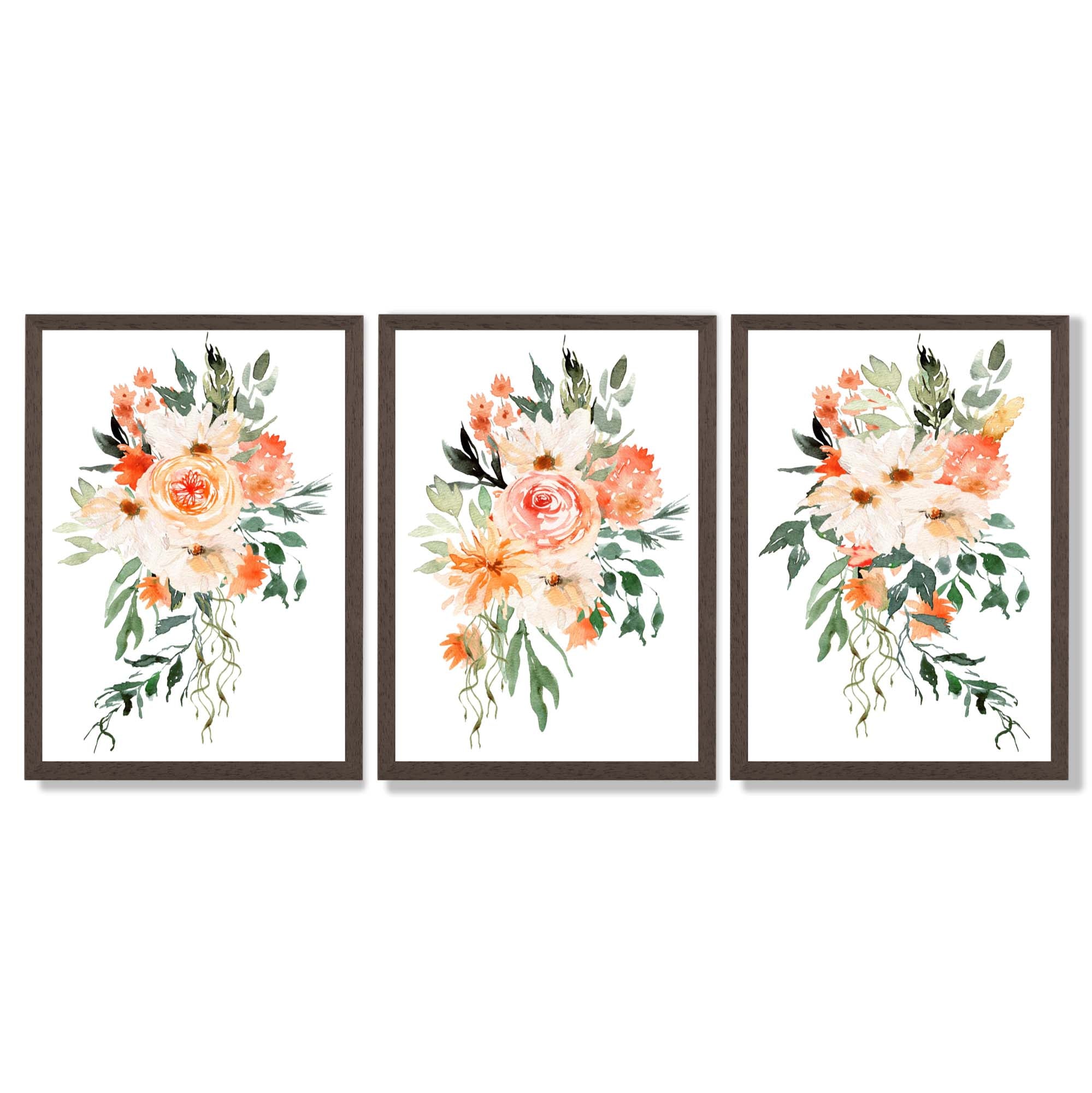 Set of 3 Orange Roses and Flowers Framed Art Prints with Dark Wood Frames