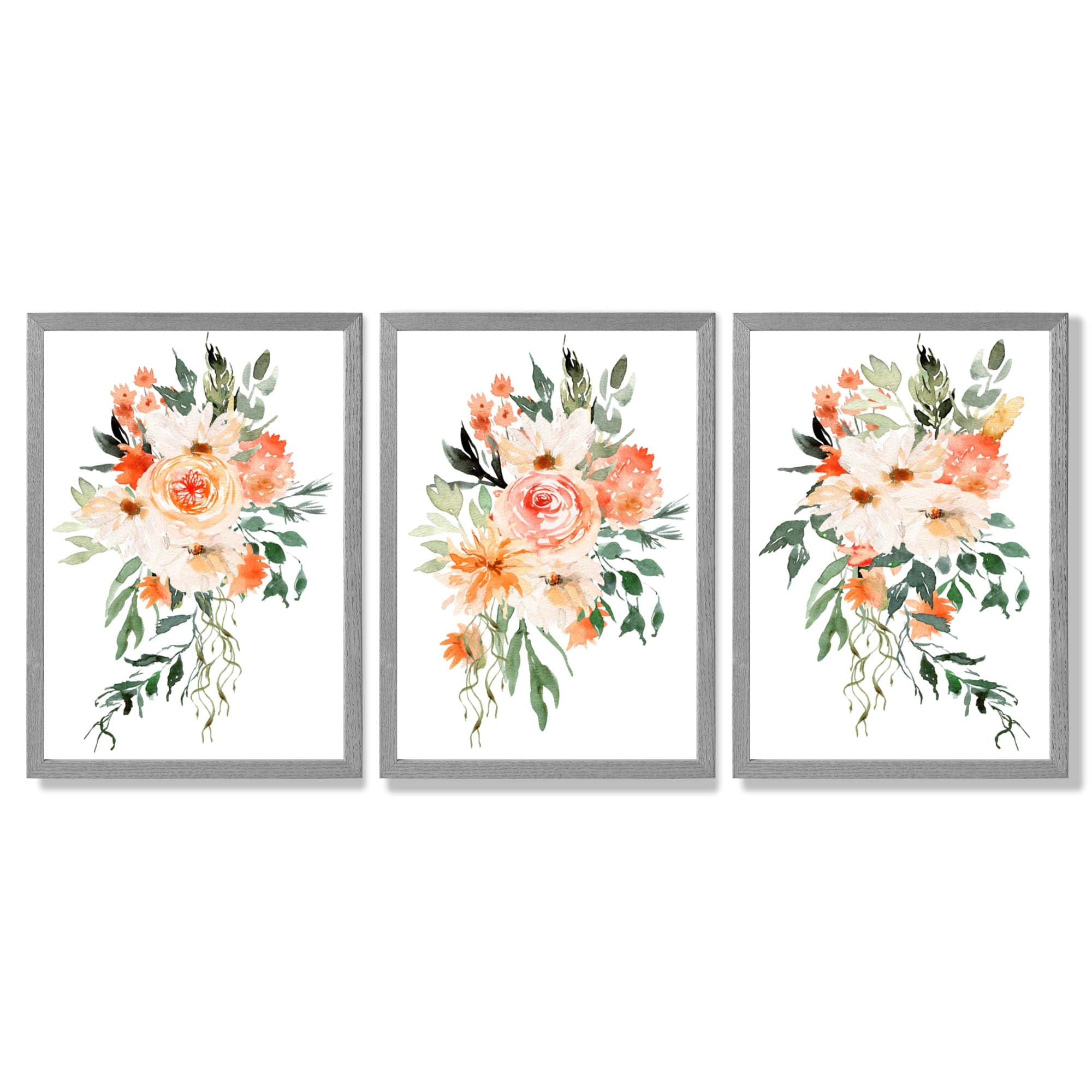 Set of 3 Orange Roses and Flowers Framed Art Prints with Light Grey Wooden Frames