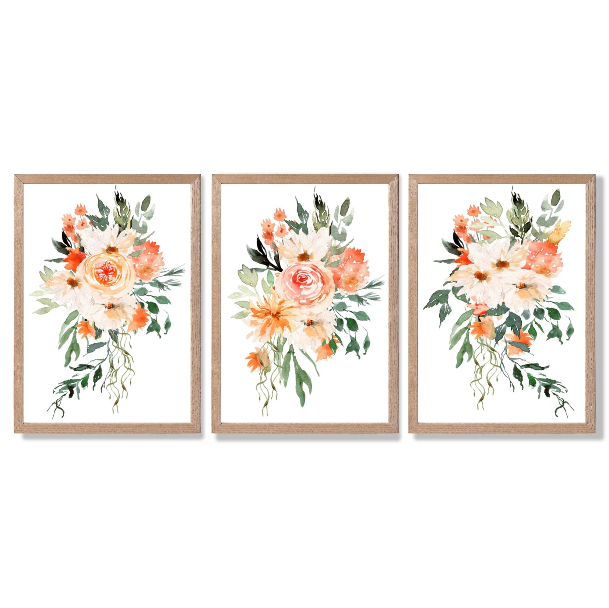 Set of 3 Orange Roses and Flowers Framed Art Prints with Light Oak Frames