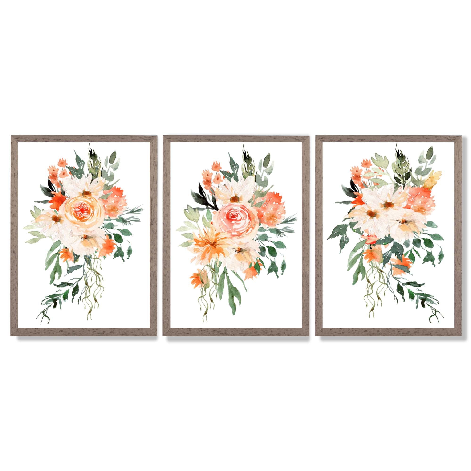 Set of 3 Orange Roses and Flowers Framed Art Prints with Light Walnut Frames