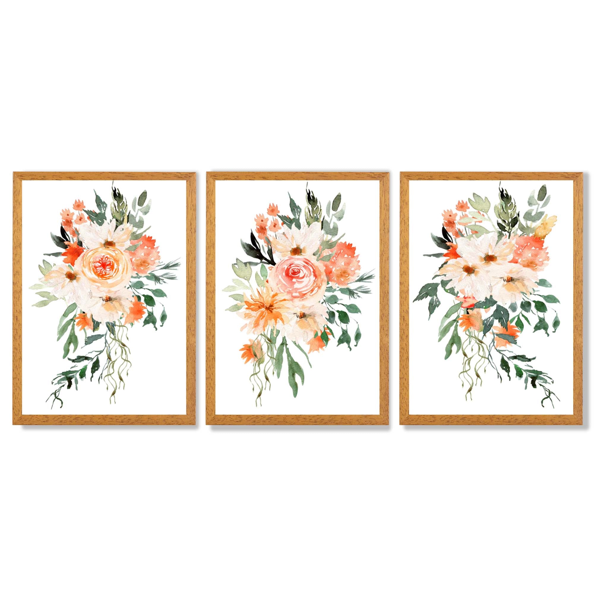 Set of 3 Orange Roses and Flowers Framed Art Prints with Oak Wooden Frames