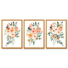 Set of 3 Orange Roses and Flowers Framed Art Prints with Oak Wooden Frames
