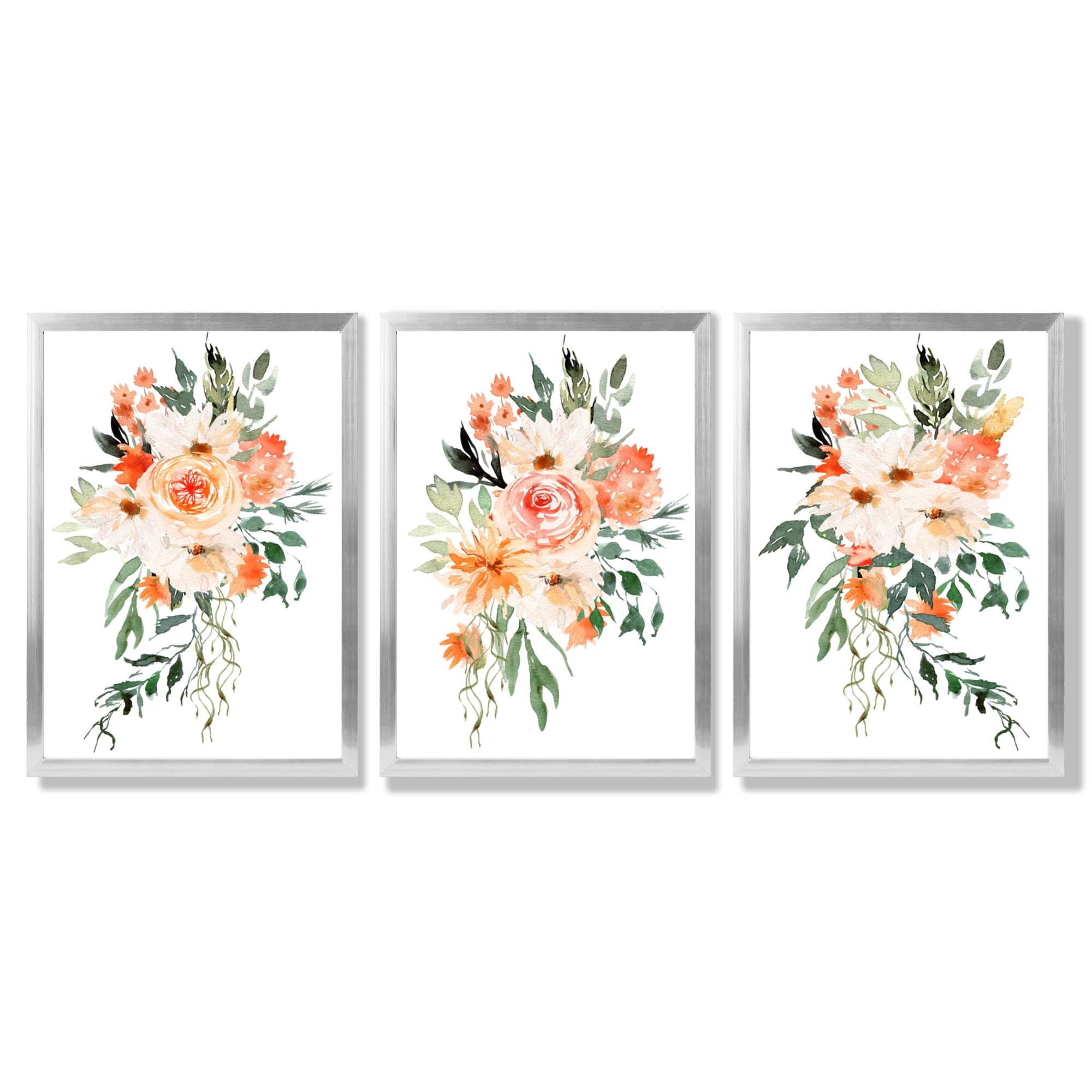 Set of 3 Orange Roses and Flowers Framed Art Prints with Silver Wood Frames