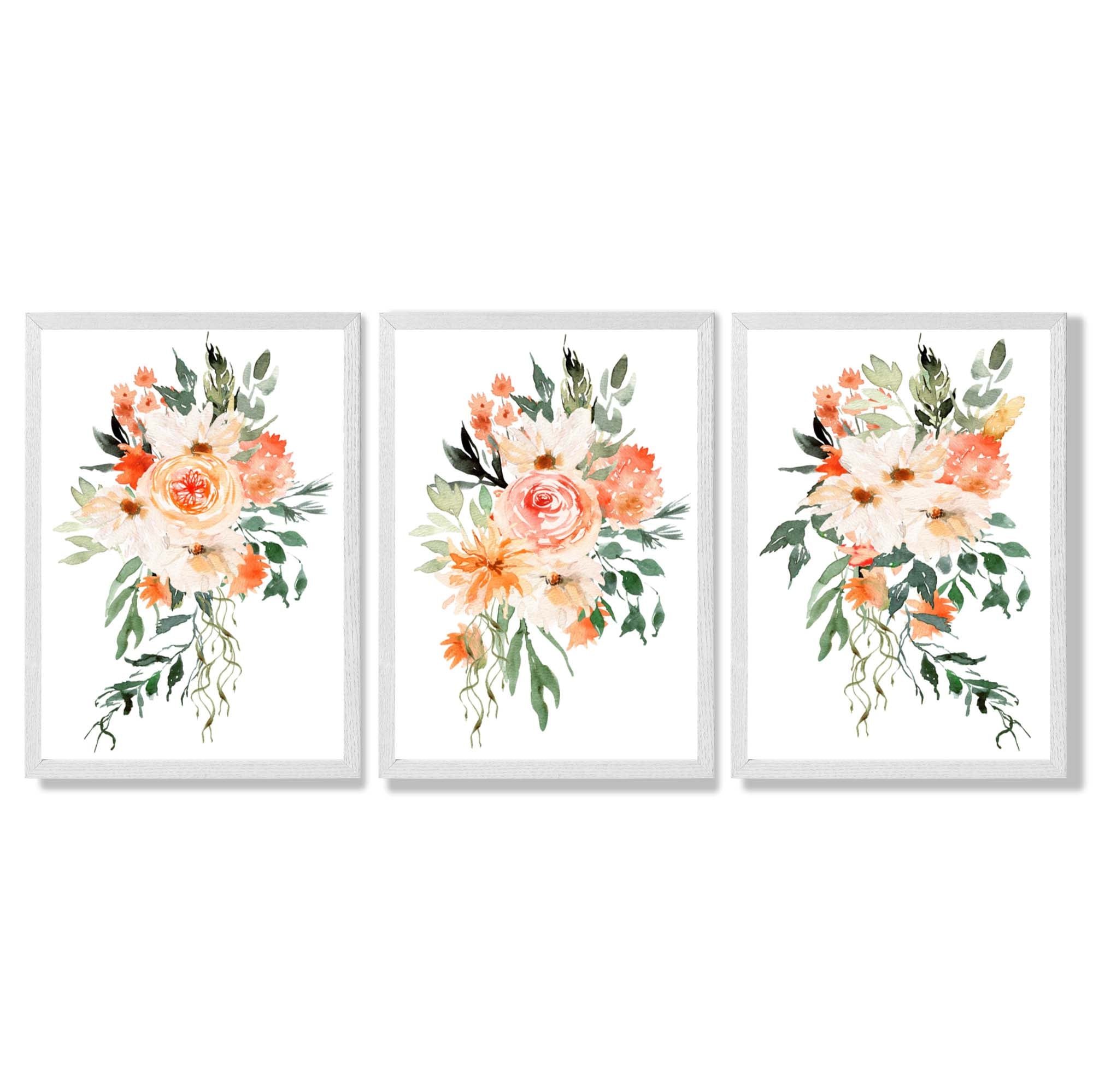 Set of 3 Orange Roses and Flowers Framed Art Prints with White Wooden Frames