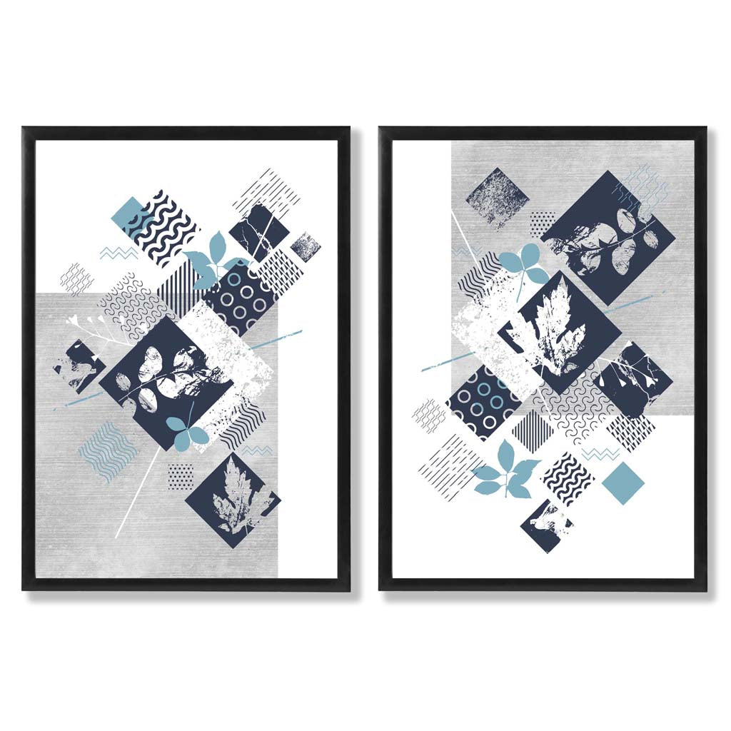 Blue and Grey Mixed Media Floral Set of 2 Art Prints with Black Frame