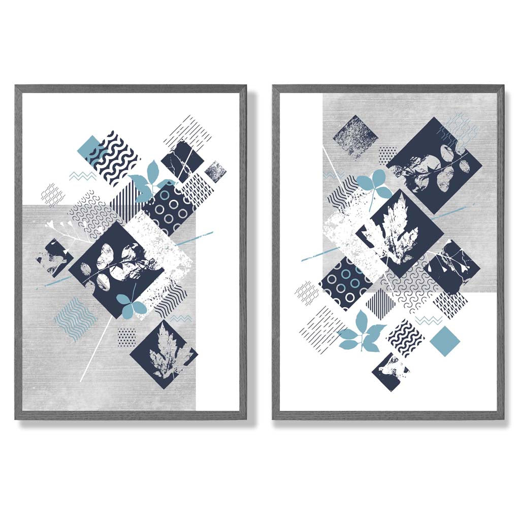 Blue and Grey Mixed Media Floral Set of 2 Art Prints with Dark Grey Frame