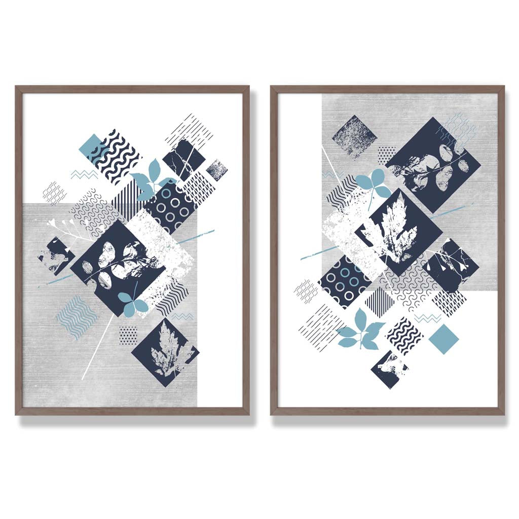 Blue and Grey Mixed Media Floral Set of 2 Art Prints with Walnut Frame