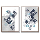 Blue and Grey Mixed Media Floral Set of 2 Art Prints with Walnut Frame