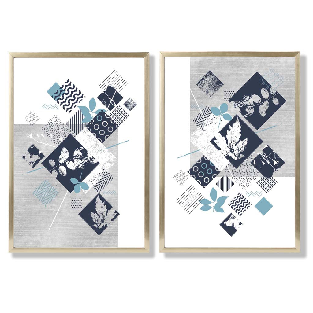 Blue and Grey Mixed Media Floral Set of 2 Art Prints with Gold Frame