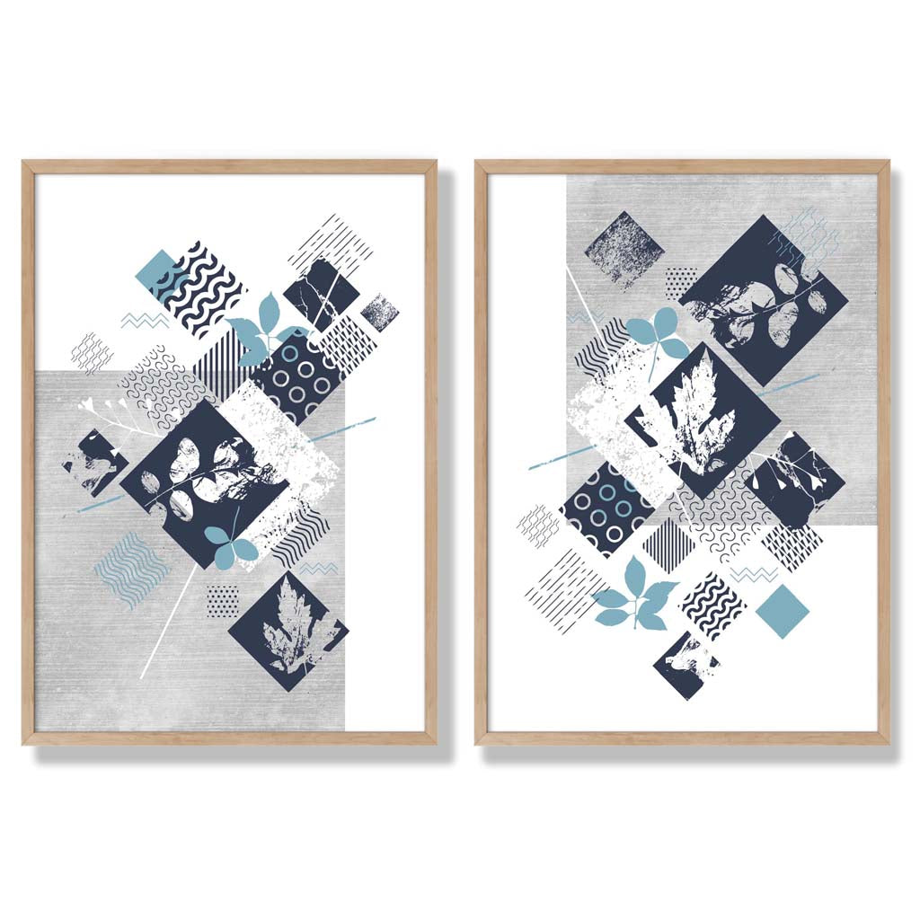 Blue and Grey Mixed Media Floral Set of 2 Art Prints with Oak Frame