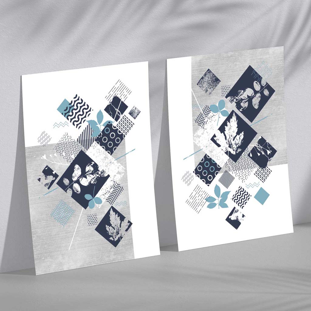 Blue and Grey Mixed Media Floral Framed Set of 2 Art Prints
