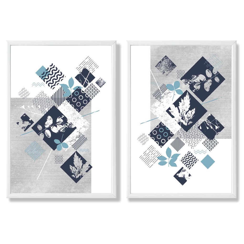 Blue and Grey Mixed Media Floral Set of 2 Art Prints with White Frame