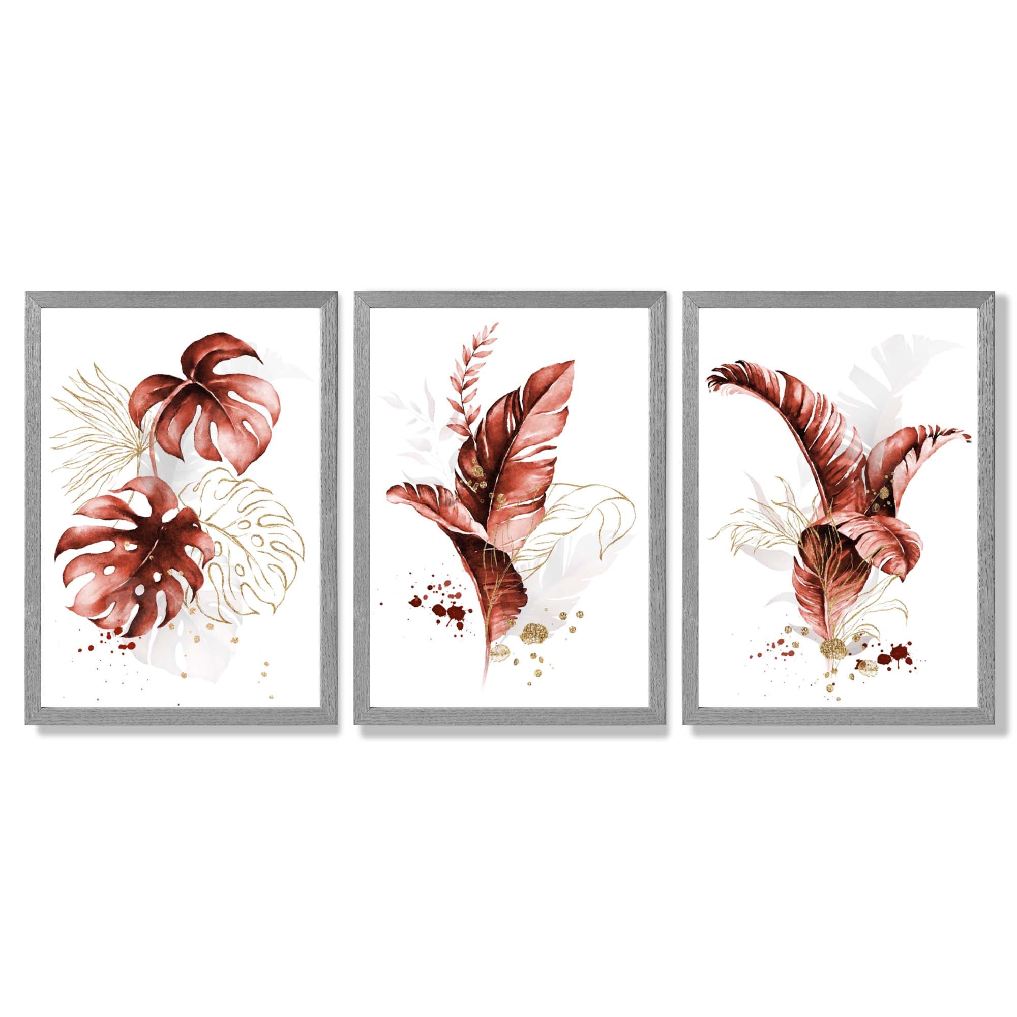 Set of 3 Terracotta Tropical Leaves Framed Art Prints with Light Grey Wooden Frames