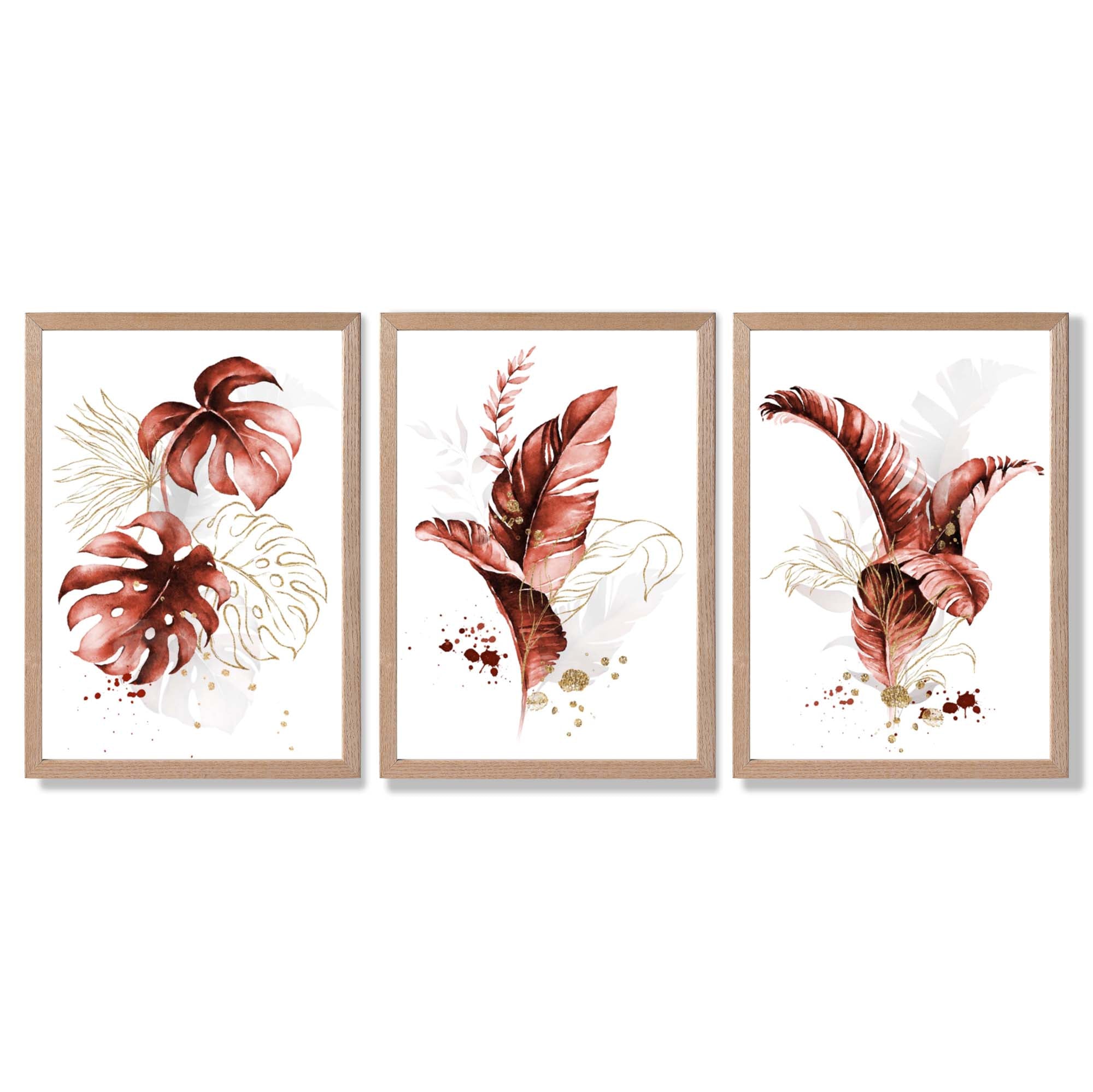 Set of 3 Terracotta Tropical Leaves Framed Art Prints with Light Oak Frames