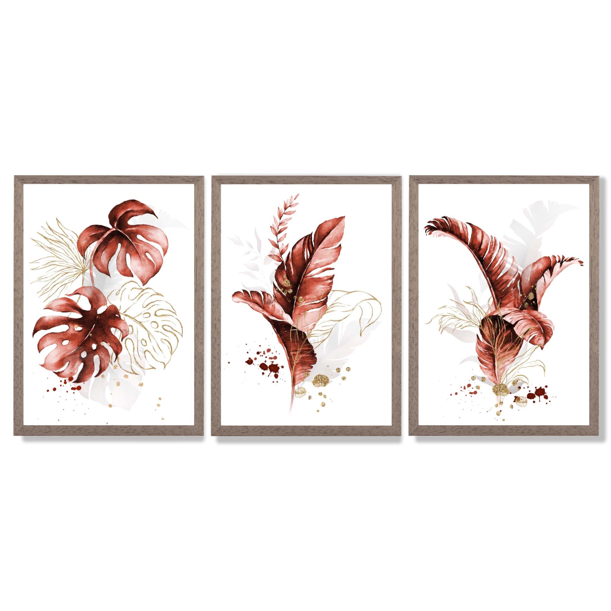 Set of 3 Terracotta Tropical Leaves Framed Art Prints with Light Walnut Frames