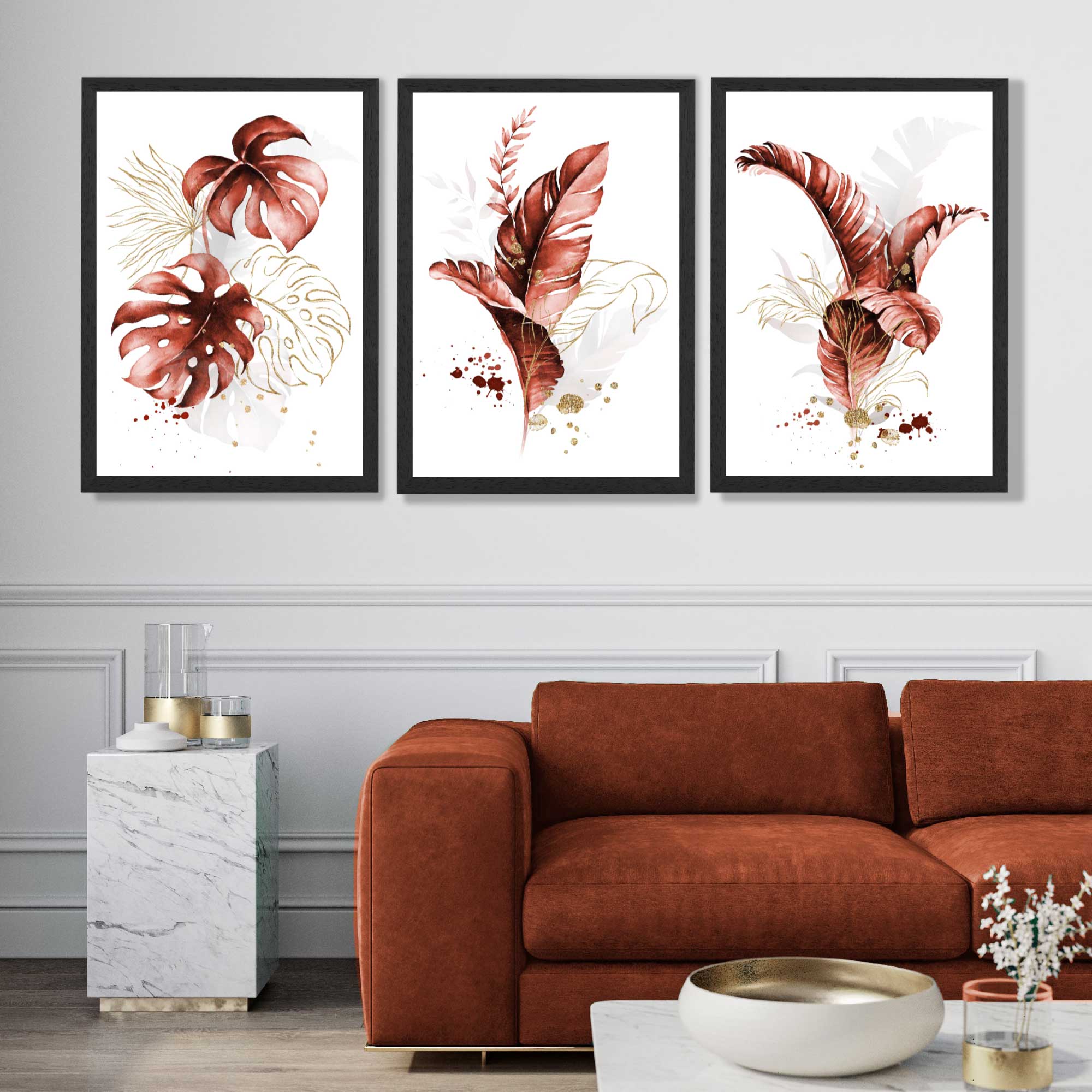 Set of 3 Terracotta Tropical Leaves Art Prints in Black Frames | Artze UK