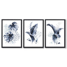 Set of 3 Navy Blue Tropical Leaves Framed Art Prints with Black Wooden Frames