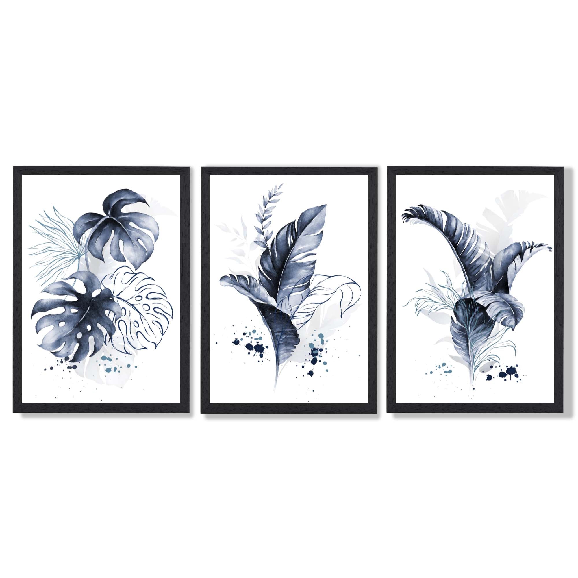 Set of 3 Navy Blue Tropical Leaves Framed Art Prints with Black Wooden Frames