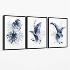 Set of 3 Navy Blue Tropical Leaves Canvas Art Prints with Black Float Frame