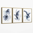 Set of 3 Navy Blue Tropical Leaves Canvas Art Prints with Gold Float Frame