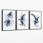 Set of 3 Navy Blue Tropical Leaves Canvas Art Prints with Grey Float Frame
