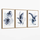 Set of 3 Navy Blue Tropical Leaves Canvas Art Prints with Oak Float Frame