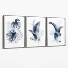 Set of 3 Navy Blue Tropical Leaves Canvas Art Prints with Silver Float Frame