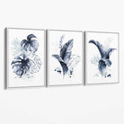 Set of 3 Navy Blue Tropical Leaves Canvas Art Prints with White Float Frame