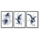 Set of 3 Navy Blue Tropical Leaves Framed Art Prints with Dark Grey Wooden Frames