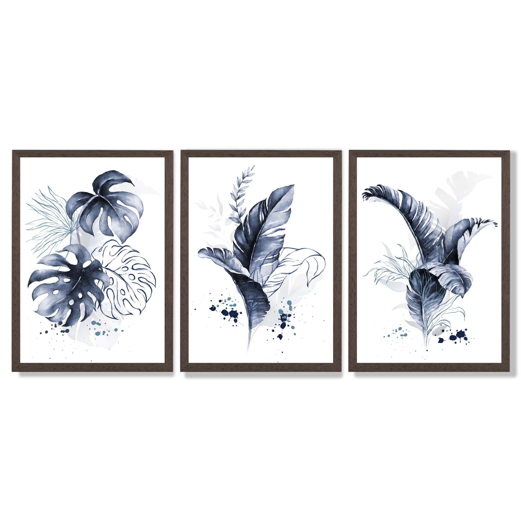 Set of 3 Navy Blue Tropical Leaves Framed Art Prints with Dark Wood Frames