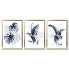 Set of 3 Navy Blue Tropical Leaves Framed Art Prints with Gold Wood Frames